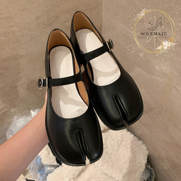 Elegant Flats Mary Jane Tabi Shoes -  Leather Split Toe Tabi Platform -  British Style Pumps - Formal Flat Shoes - Tabi Flat Pumps