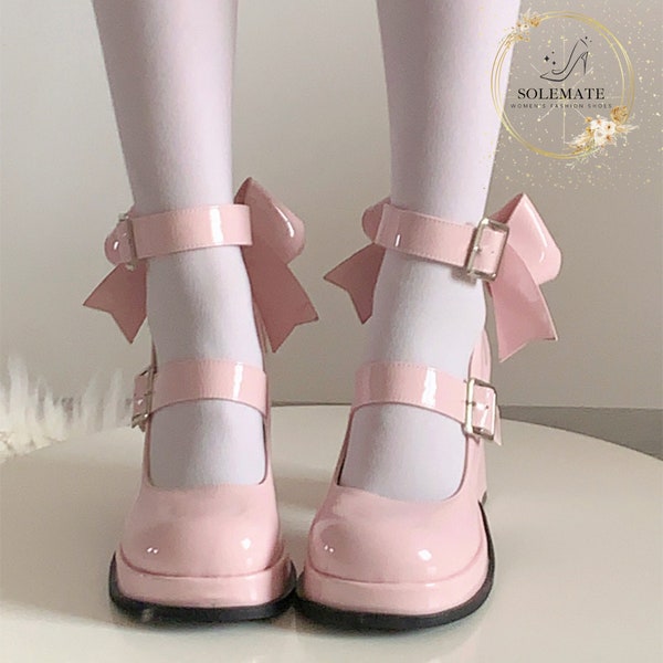 Mary Jane Fairy Shoes With Bedding And Ankle Strap Square Pumps - Back Bowtie Mary Jane Heels - Wedding Guest Leather Shoe - Back Bowtie