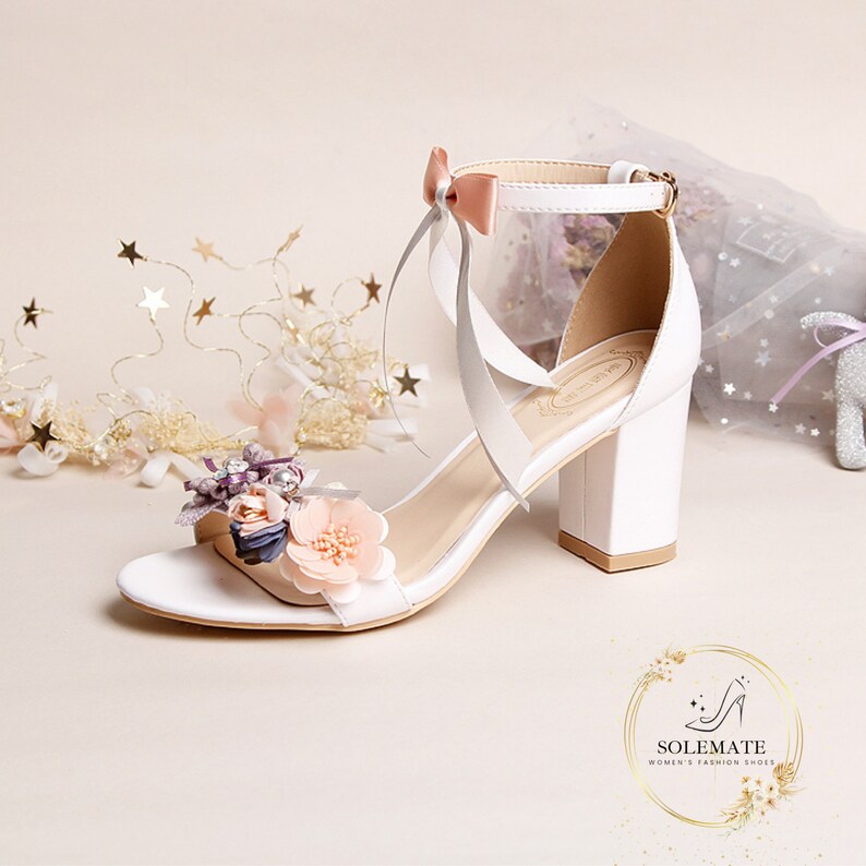 Women's Floral Kitten Heels - Calla Lily Square Toe Strappy Sandals For Weddings & Dressy Occasions