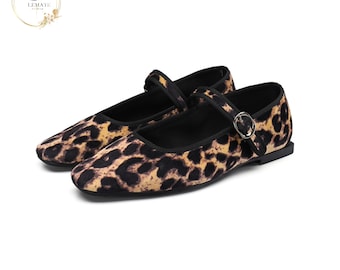 Velvet Mary Jane Ballet Flats - Leopard Print Women's Shoes with Comfortable Soft Round Toe - Chic and Stylish Flat Shoes for Women