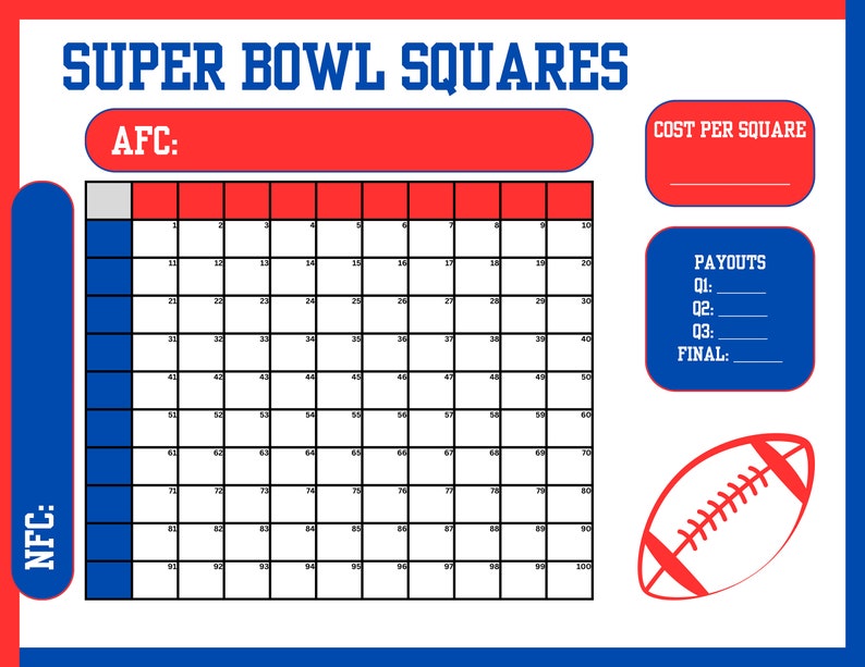 Ultimate Super Bowl Squares Game Sheet numbered Editable & Printable
