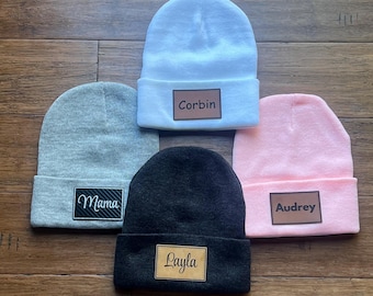 Personalized Name Leather Patch Knit Beanie: Custom Winter Hat