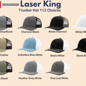 May include: A collection of eleven Richardson Laser King trucker hats displayed in a grid. Each hat features a structured crown, a curved brim, and a mesh back panel. The color combinations include heather grey, charcoal, black, white, khaki, and loden.