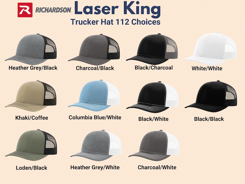 May include: A collection of eleven Richardson Laser King trucker hats displayed in a grid. Each hat features a structured crown, a curved brim, and a mesh back panel. The color combinations include heather grey, charcoal, black, white, khaki, and loden.