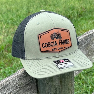 Custom Farm Name & Established Date Engraved Leather Patch Hat | Personalized Tractor Logo Country Hat | Richardson Trucker Family Farm Hat