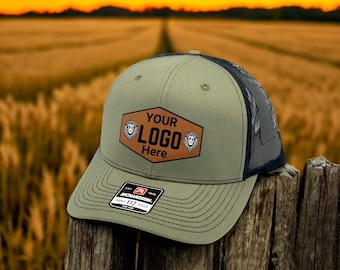 Custom Engraved Logo Hat: Richardson 112 Leather Patch Trucker Hat