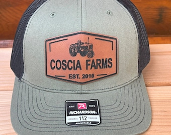 Personalized Farm Name Tractor Hat: Custom Leather Patch, Richardson 112 Trucker