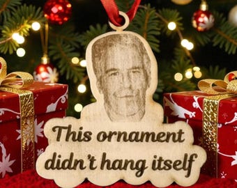 Jeffrey Epstein Ornament Silly Dark Humor Christmas Ornament – “Didn’t Hang Itself” – Wood Laser Engraved – Gag Gift, White Elephant