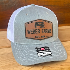 Personalized Farm Name Hat| Cow and Calf Leather Patch Trucker Hat | Snapback Richardson 112 Hat Cattle | Ranch Farm Name Hat with Est. Date