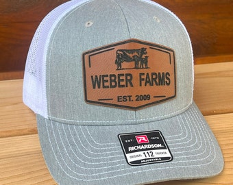Personalized Farm Name Hat| Cow and Calf Leather Patch Trucker Hat | Snapback Richardson 112 Hat Cattle | Ranch Farm Name Hat with Est. Date