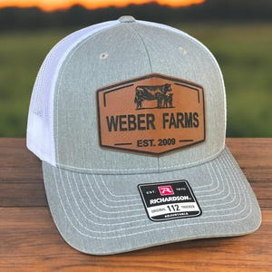 Custom Farm Name Cow Calf Hat| Farmer Leather Patch Trucker Hat | Personalized Richardson 112 Hat Cattle | Ranch Farm Name Hat Gift
