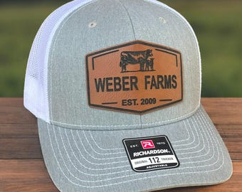 Custom Farm Name Leather Patch Hat: Richardson 112 Trucker Cap