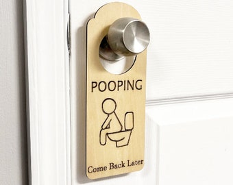 Funny Bathroom Door Hanger – Pooping in Progress Sign – Gag Gift for Him or Her, Laser Engraved Wooden Door Knob Sign, Bathroom Decor
