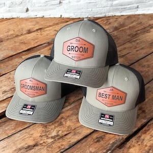 Personalized Groomsmen Hats - Custom Wedding Party Caps - Leather Patch Trucker - Best Man Gift - Bachelor Party Hats