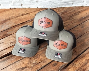 Personalized Groomsmen Hats - Custom Wedding Party Caps - Leather Patch Trucker - Best Man Gift - Bachelor Party Hats