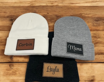Custom Knit Beanie: Engraved Leather Patch, Personalized Winter Hat
