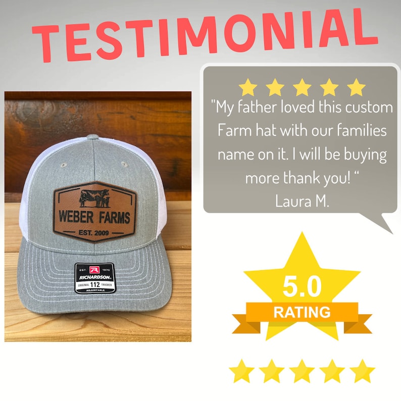 May include: A grey and white trucker hat featuring a brown leather patch with a cow graphic and the text WEBER FARMS EST. 2009. The hat includes a black Richardson 112 label on the brim. A testimonial box displays five stars and text.