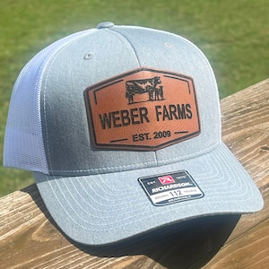 Custom Engraved Leather Cow Hat | Cow and Calf Leather Patch Trucker Hat | Snapback Richardson 112 Hat Cattle | Ranch Farm Name Country Hat