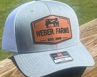 Custom Engraved Leather Cow Hat | Cow and Calf Leather Patch Trucker Hat | Snapback Richardson 112 Hat Cattle | Ranch Farm Name Country Hat