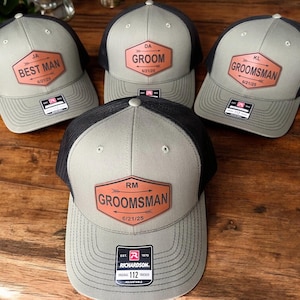 Custom Groomsman Wedding Hat - Personalized Groomsmen Gift - Wedding Party Hats - Bachelor Party Trucker Leather Patch Cap - Best Man Hat