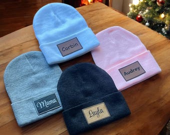 Personalized Knit Beanie: Custom Name Leather Patch Winter Hat