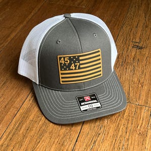 45 - 47 Trump American Flag Hat | Trump Trucker Hat Leather Patch | Donald Trump for President 2024 - Richardson 112