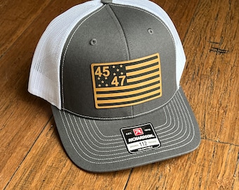 45 - 47 Trump American Flag Hat | Trump Trucker Hat Leather Patch | Donald Trump for President 2024 - Richardson 112