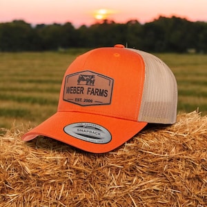 Your Farm Name Leather Hat Customized| Cow and Calf Leather Patch Trucker Cap | Cattle Ranch Personalized Farm Hat with Established Date