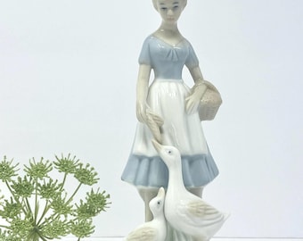 Vintage Price Products Girl and Goose Figurine | Blue and White Porcelain Farm Decor