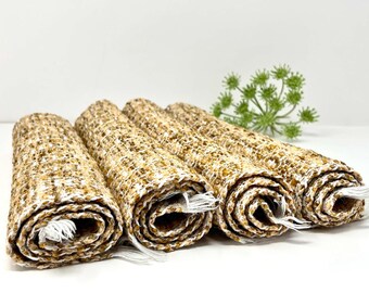 Set of Four | Vintage Handwoven Placemats | Caramel Brown Cream Fringed Table Linens