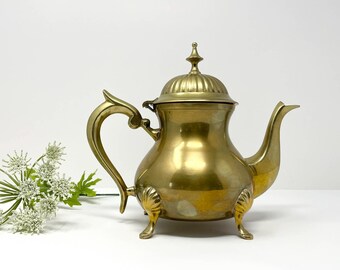 Vintage Brass Teapot with Hinged Lid | Dolphin Handle | Shell Feet Serve-ware