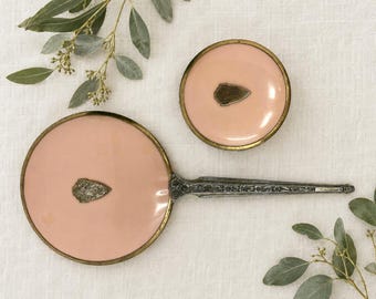 Vintage Salmon Pink Vanity Set | Art Deco Hand Mirror and Glass Powder Jar