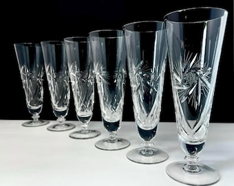 Set of 6 Vintage Hungarian Crystal Pilsner Glasses | Pinwheel Cut Champagne Flutes Barware