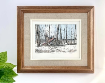 Vintage Quebec Sugar Shack Print | Signed Marc | Framed Canadian Winter Landscape