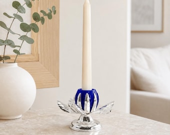 Vintage Cobalt Blue Glass and Silver Lotus Candle Holder | Hollywood Regency Flower Decor