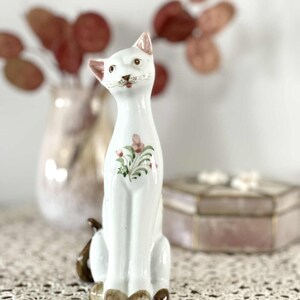 Charming Porcelain Cat Figurine with Floral Detail | Cottagecore or Shabby Chic Design Style | Cat Loves Figure | Mid-Century