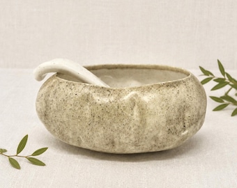 Vintage Ceramic Potato Serving Bowl With Spoon | Dip Sour Cream Dish | Signed 1981