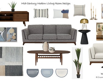 Affordable Mid-Century Modern Living Room Mood Board, Minimalist Design, Blue Decor Scheme, Calm Aesthetic, Timeless Design