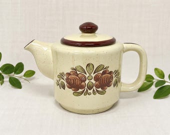 Vintage Japanese Stoneware Teapot | Retro Brown Floral Design | Cottagecore Kitchen Decor