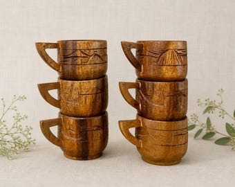 Vintage Hand-Carved Wooden Espresso Cups | Set of 6