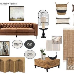 Tablero de ideas para una sala de estar de estilo rústico moderno y asequible, elementos de madera natural, diseño atemporal, estilo de diseño minimalista, diseño masculino