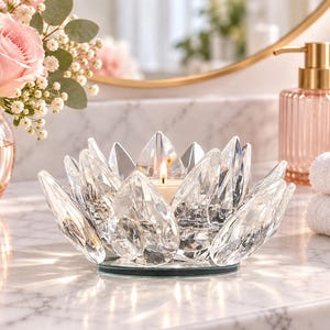 Peut inclure: Un bougeoir en cristal transparent en forme de fleur de lotus épanouie, doté de pétales pointus et facettés disposés en plusieurs couches. Le centre contient une petite bougie chauffe-plat allumée, diffusant la lumière à travers le verre.