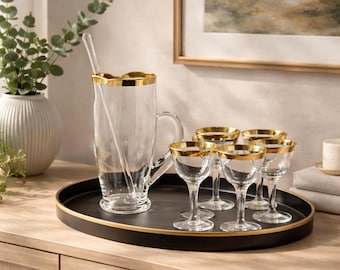 Vintage Goldrand Cocktail-Krug-Set mit 6 Gläsern | Mid Century Barware Aperitif Servieren