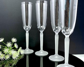 Vintage Frosted Stem Champagne Flutes Set of 4 Clear Glass Ribbed Stemware
