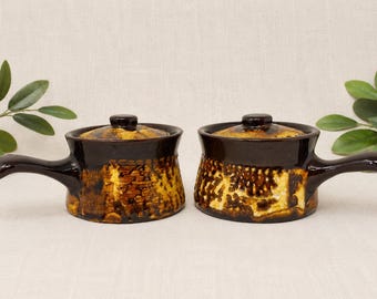 Vintage Laurentian Pottery Soup Pots with Lids | Set of 2 Canadian Stoneware French Onion Soup Bowls