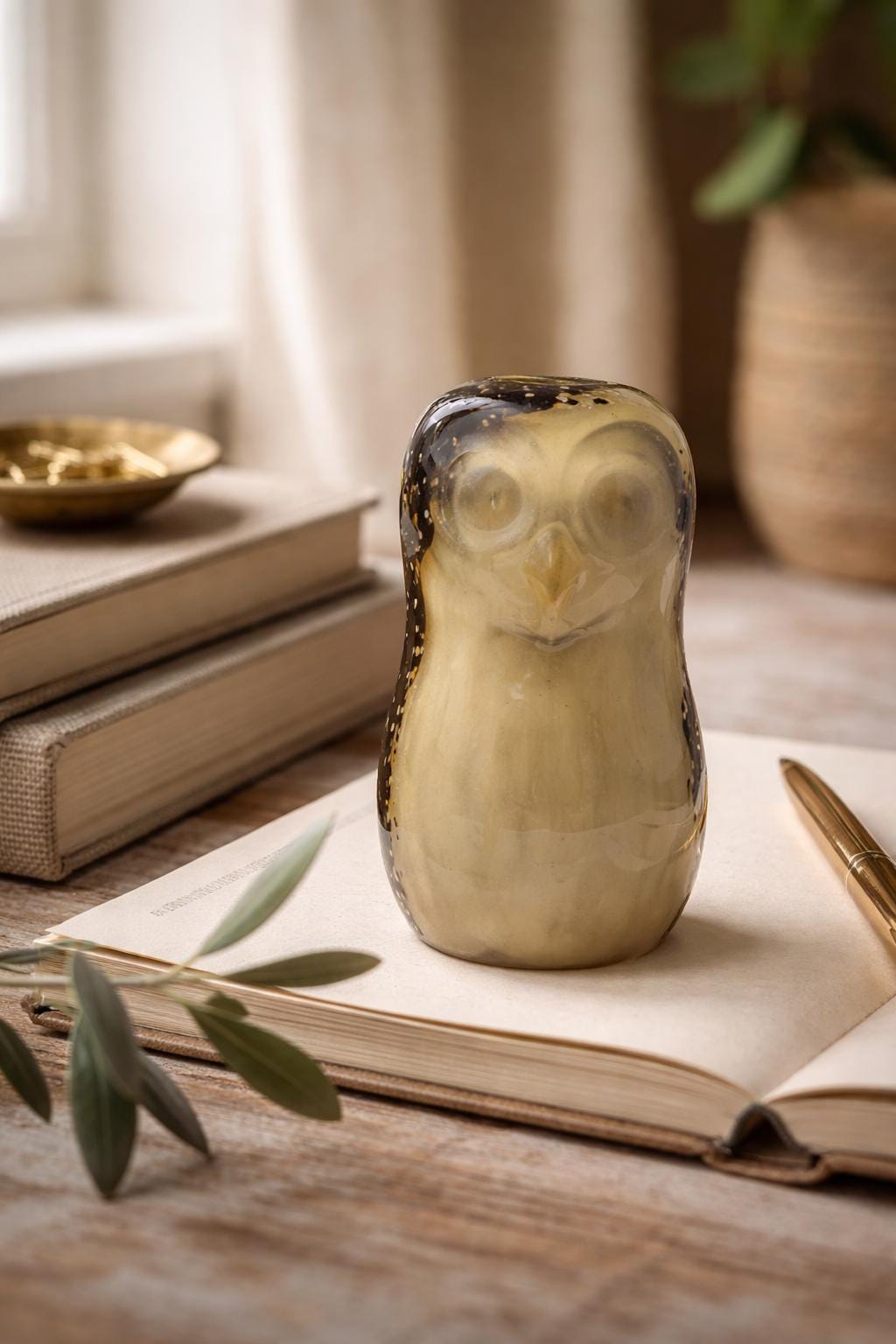Vintage Wedgwood Tortoiseshell Pattern Owl Art Glass Paperweight