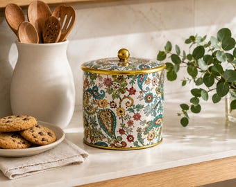 Vintage English Floral Tin Canister | 1970s Paisley Lidded Storage Container