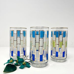 Mid Century Modern Geometric Tumblers: Retro Blue & Green Barware Set