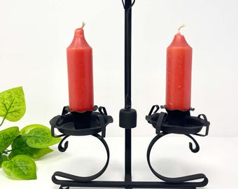 Vintage Spanish Revival Black Metal Double Candle Holder with Hanging Candle Snuffer