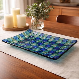 Blue Green Fused Glass Platter | Woven Art Glass Serving Tray | Studio Centrepiece